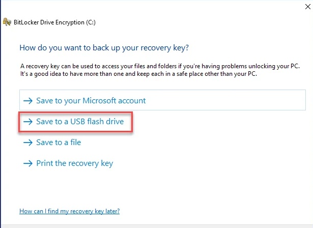select location for saving recovery key