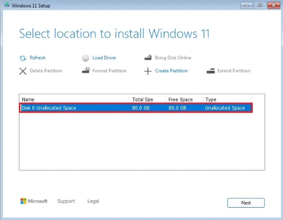 select location to install win11