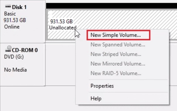 select new simple volume in unallocated space