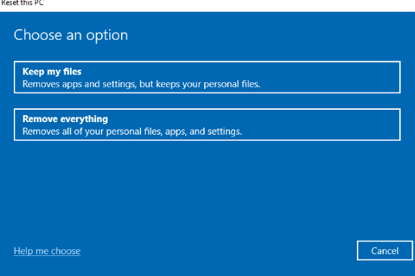 select one option to reset the pc