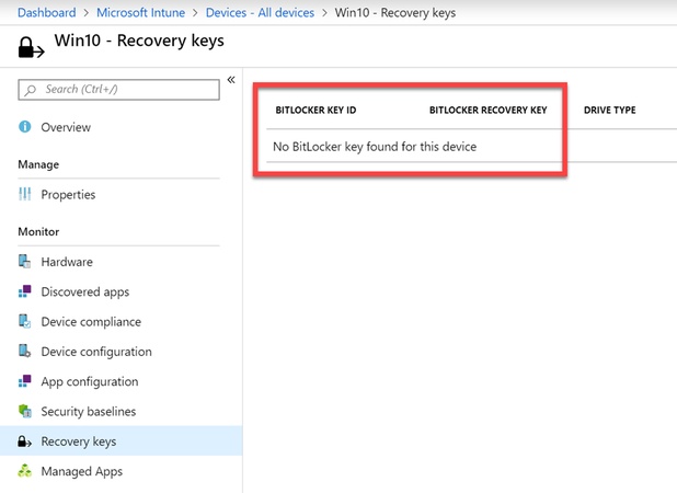 select recovery keys from the azure