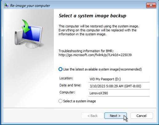 select system image backup