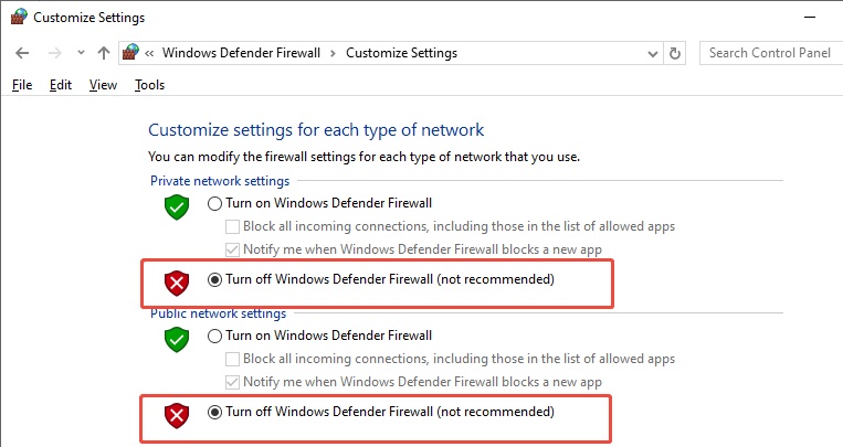 select turn off defender firewall