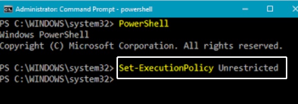 set executionPolicy unrestricted command