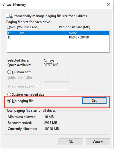 set no paging file in c drive