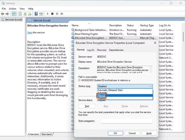 set startup type to manual