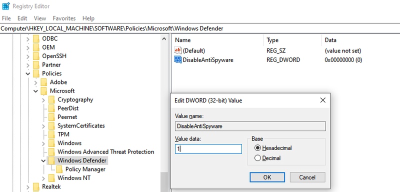 set value of disableantispyware