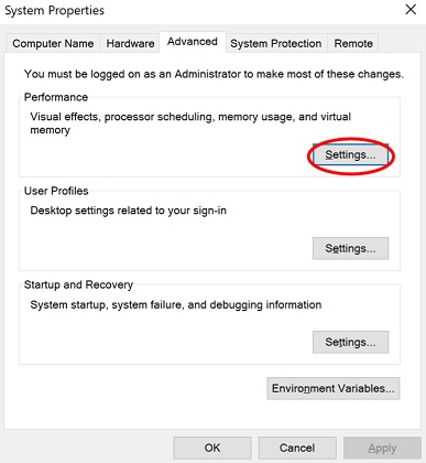 settings under performance
