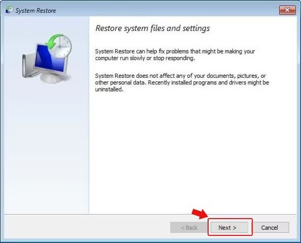 system restore wizard launches