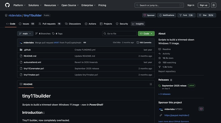 tiny11 builder gitHub page