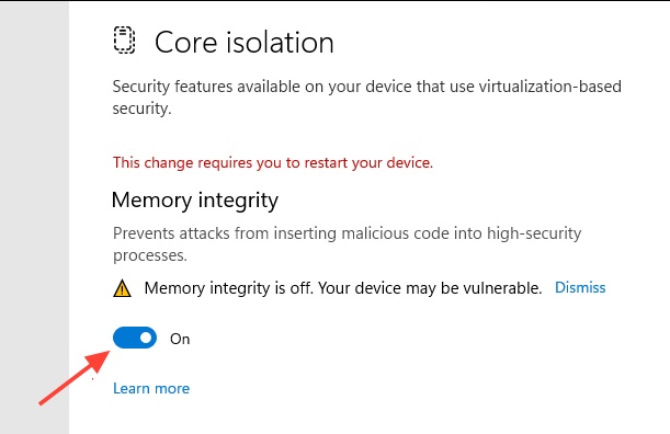 toggle off memory integrity