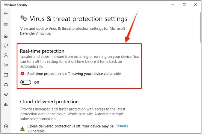 toggle off the real time protection