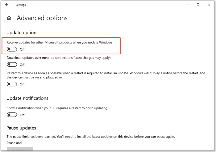 turn off receive updates for other microsoft products