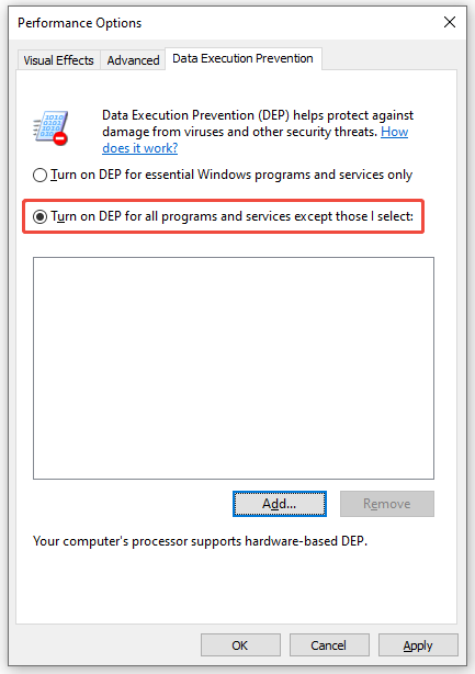 turn on dep for all programs and services except those i select