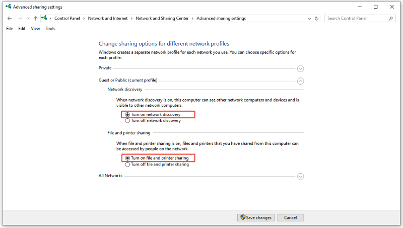 turn on file and printer sharing