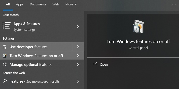 turn windows features on or off
