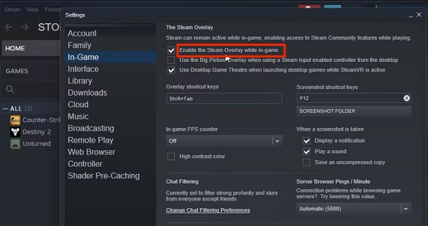 uncheck enable steam overlay