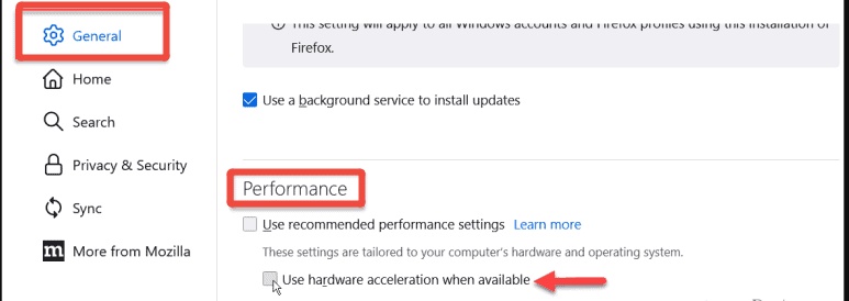 uncheck hardware acceleration in firefox