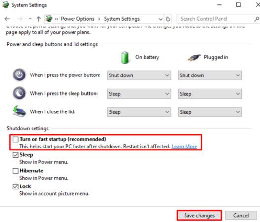 Uncheck Turn on fast startup option