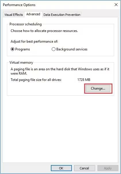 Klicken Sie unter virtuellem Speicher auf Ändern