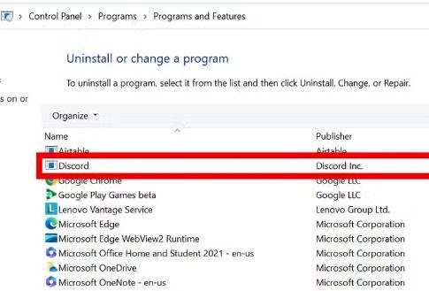 uninstall discord in control panel
