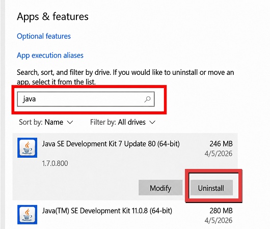 uninstall java