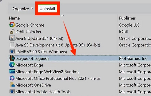 uninstall lol from control panel