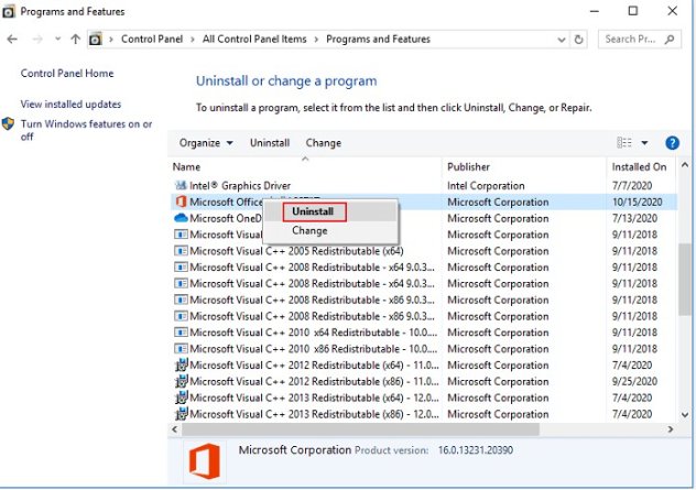 Uninstall Programs to fix Windows 10 Upgrade Error 0xc190020e