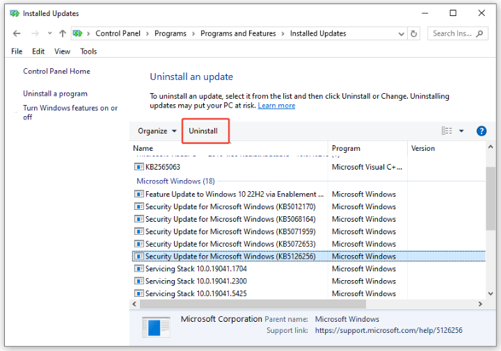 uninstall recent update in settings