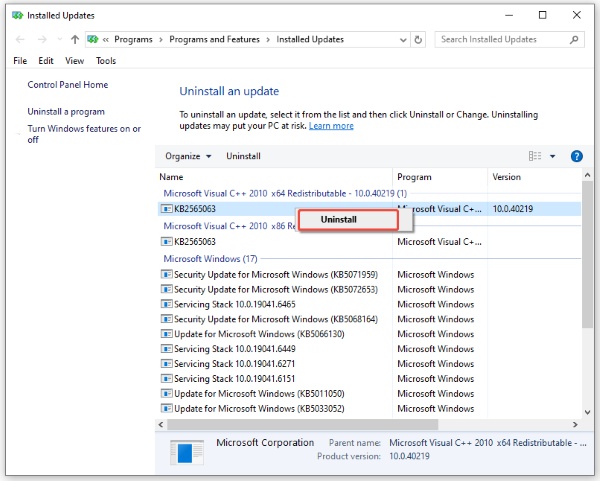 Kürzliches Windows-Update deinstallieren