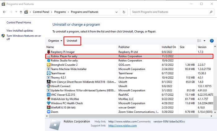 uninstall roblox