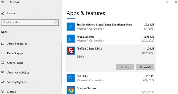 uninstall app via settings