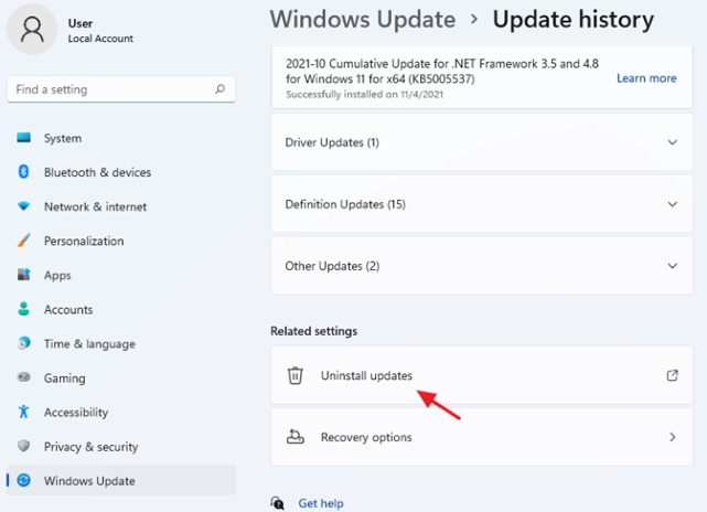 uninstall updates under update history