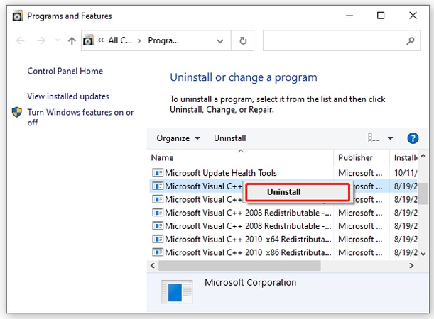 uninstall visual c