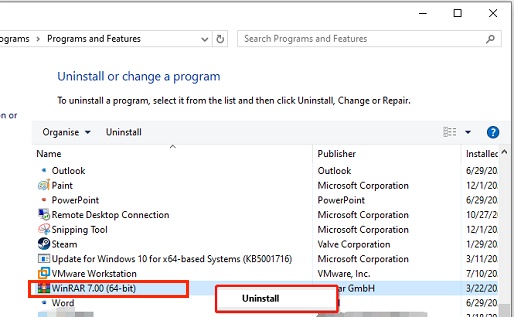 uninstall winrar