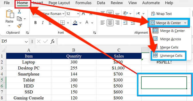 unmerge cells in excel