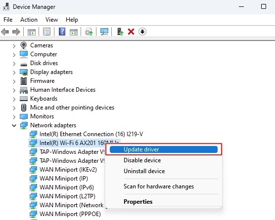네트워크 어댑터 드라이버 업데이트