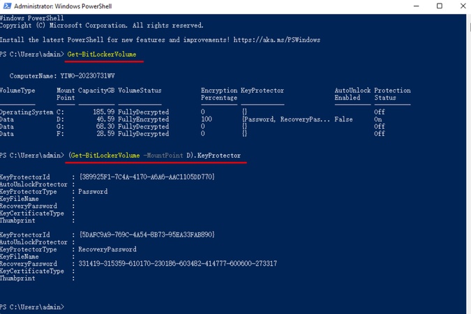 use powershell to find bitlocker key with recovery key id