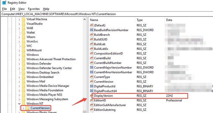 view windows version in registry editor