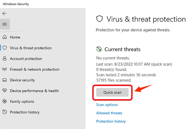 Virus & threat protection for quick scan