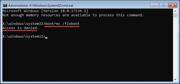 why bootrec fixboot access denied