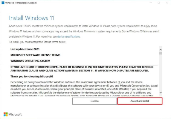 accept and install windows 11 installation assistant