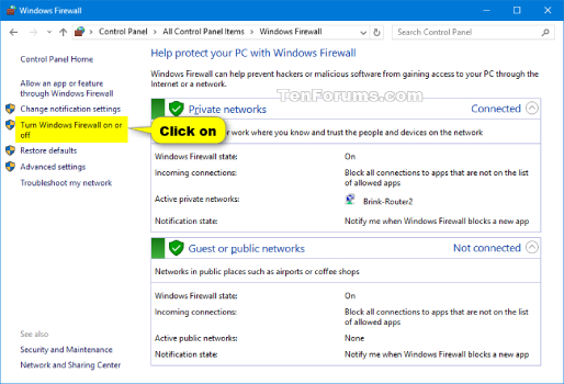 Turn on or off Windows defender Firewall