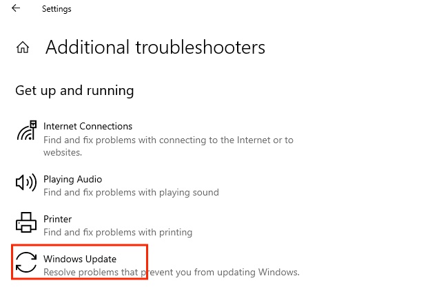 windows update in troubleshooters