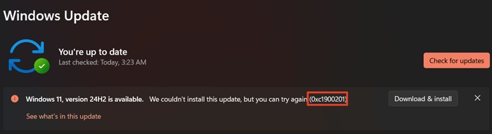 windows update install error 0xc1900201