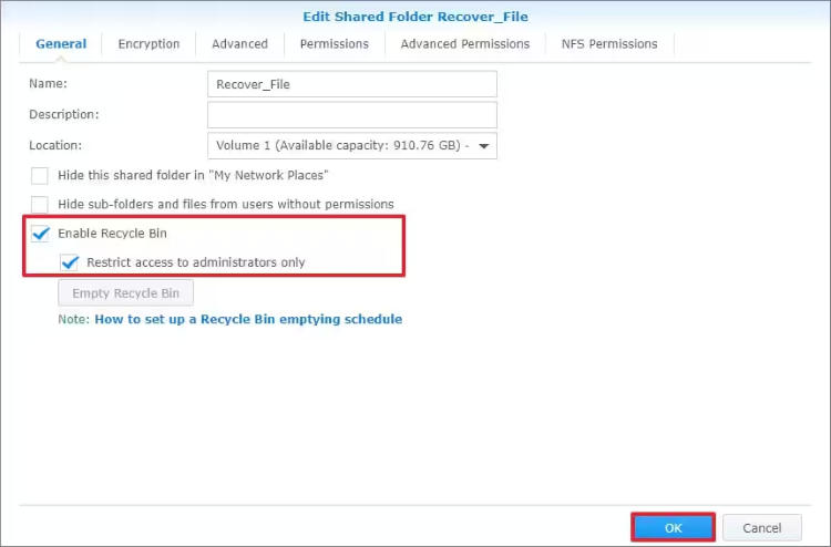 enable recycle bin in synology