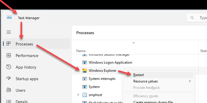 restart windows explorer in task manager