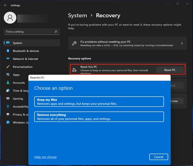Windows OS zurücksetzen