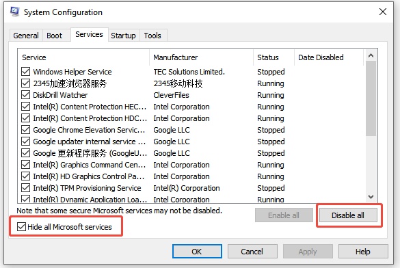 alle Microsoft-Dienste ausblenden aktivieren