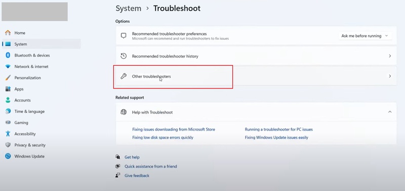 auf zusätzliche Problembehandlungen auf Windows klicken